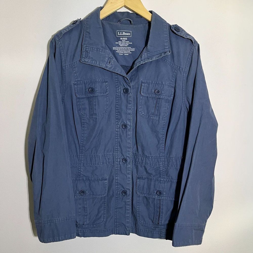 LL Bean Womens M Blue Cargo Utility Button‎ Up Collared Vented Jacket
